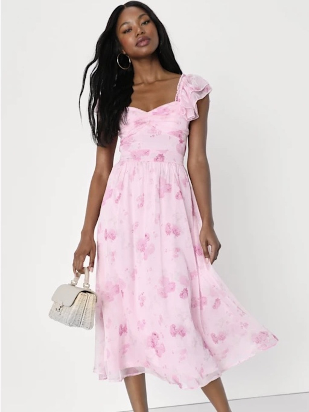 Lulus Pink Floral Midi Dress with Ruffled Shoulder